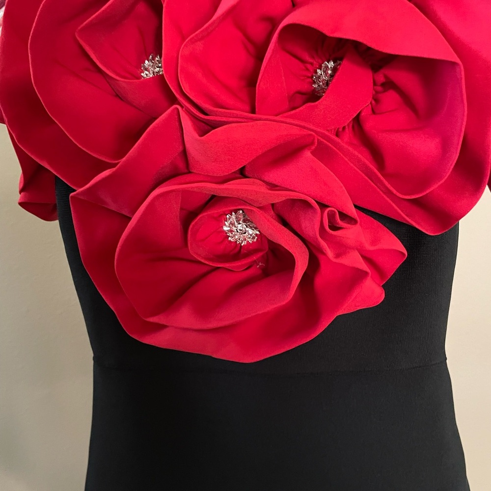 Elegant Black Dress with Red Floral Accents